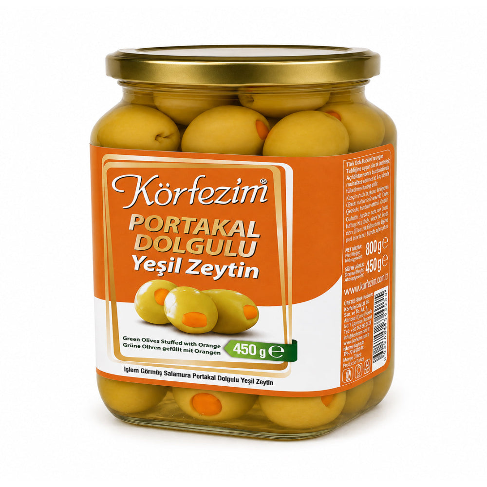 Körfezim Portakal Dolgulu Yeşil Zeytin - (4XL) - 450 Gr (Kalibre: 141-160)